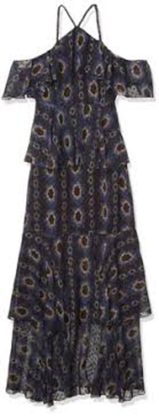 Cynthia Rowley Romantic Tiered Ruffle Maxi Dress, Black Blue Mod Floral Size 4